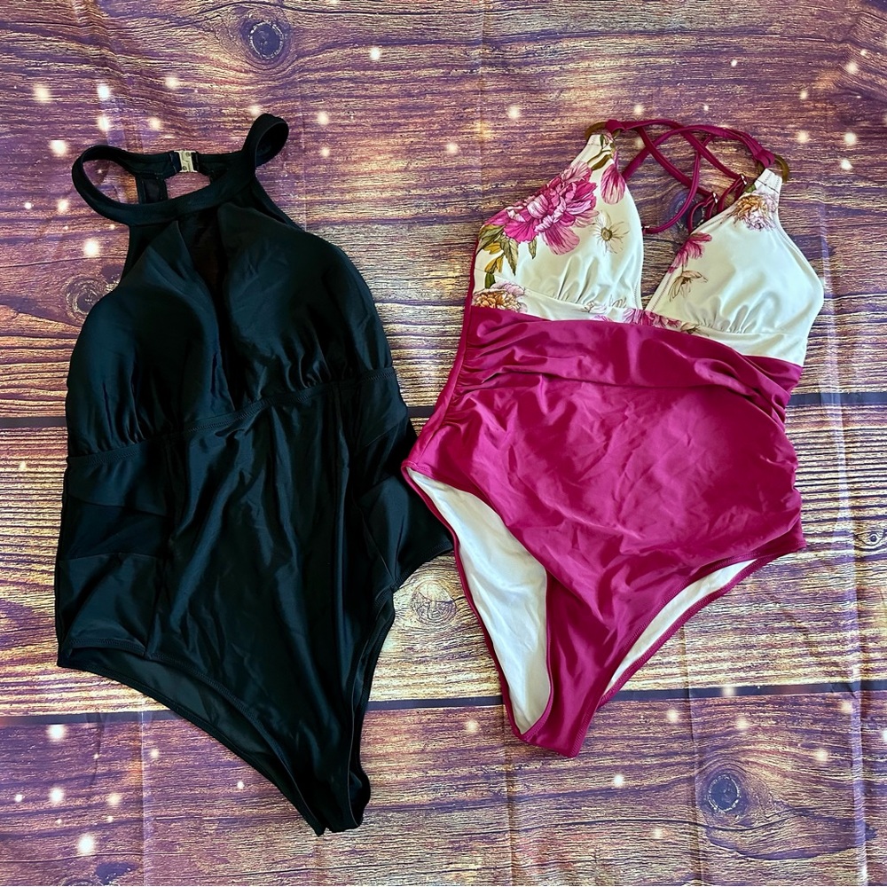 2 Cupshe One Piece Swimsuits Burgundy Floral and Black